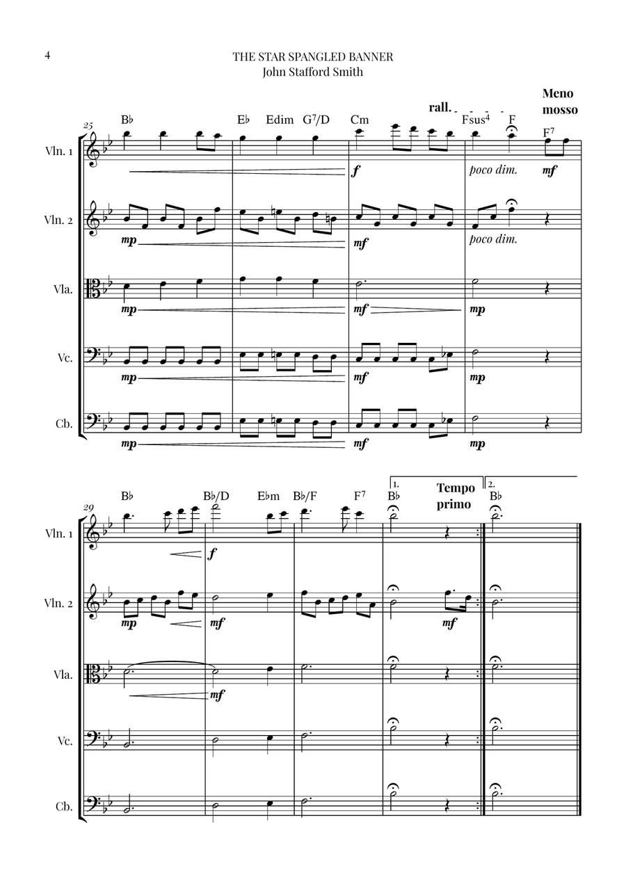 The Star Spangled Banner - String Quintet (with Chords) by John Stafford Smith String Orchestra - Digital Sheet Music page 4
