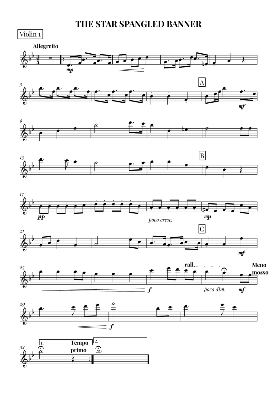 The Star Spangled Banner - String Quintet (with Chords) by John Stafford Smith String Orchestra - Digital Sheet Music page 5