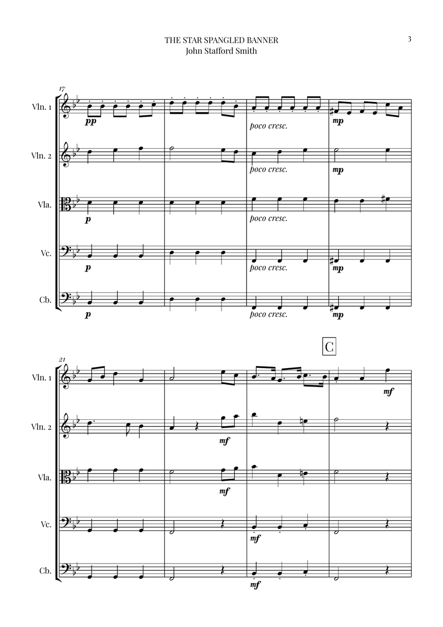 The Star Spangled Banner - String Quintet by John Stafford Smith String Orchestra - Digital Sheet Music page 3
