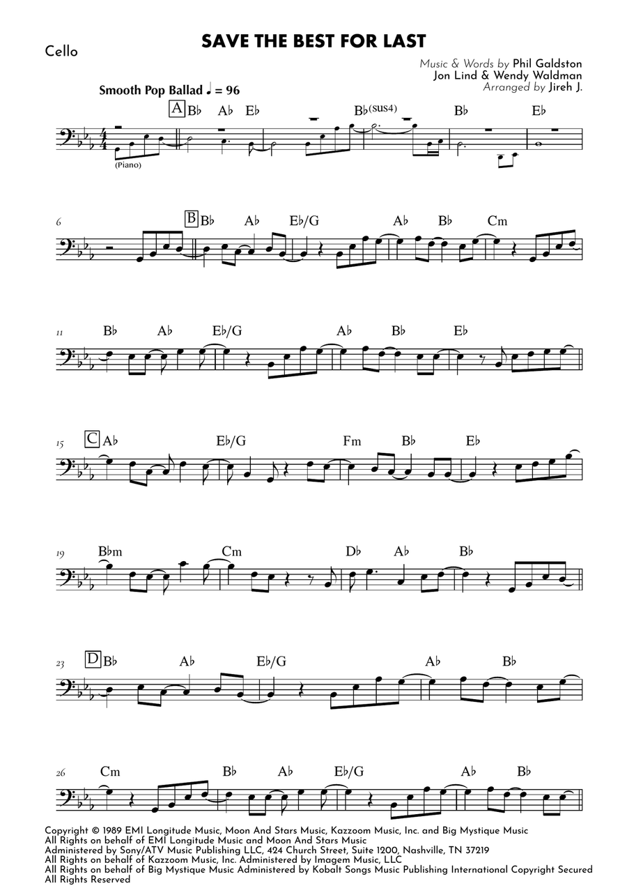 Save The Best For Last by Vanessa Williams Cello Solo - Digital Sheet Music page 2