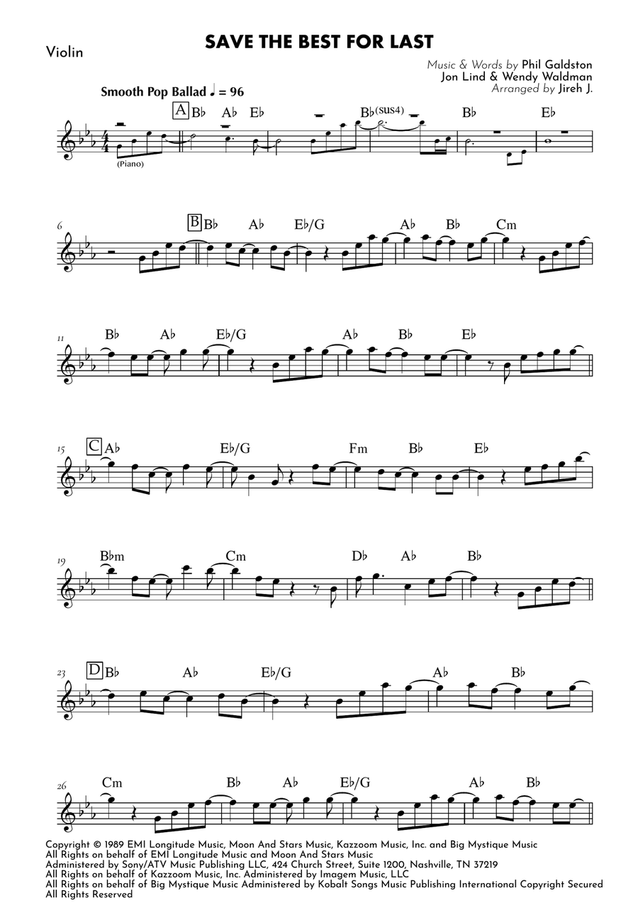 Save The Best For Last by Vanessa Williams Violin Solo - Digital Sheet Music page 2