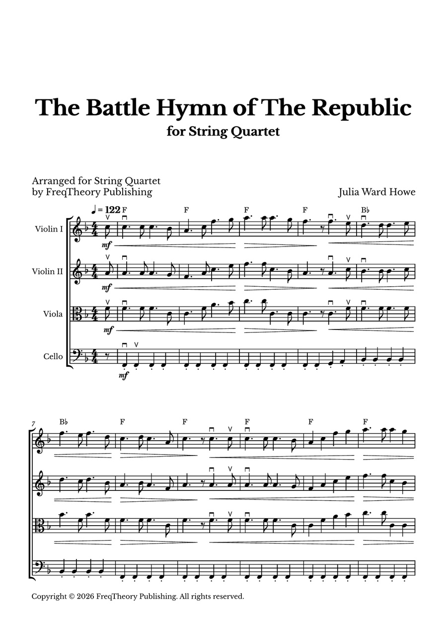 The Battle Hymn of The Republic - For String Quartet in F major by Julia Ward Howe String Quartet - Digital Sheet Music page 2