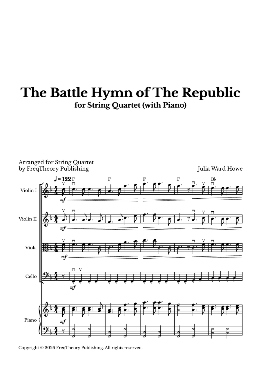The Battle Hymn of The Republic - For String Quartet (With Piano accompaniment) in F major by Julia Ward Howe String Quartet - Digital Sheet Music page 2
