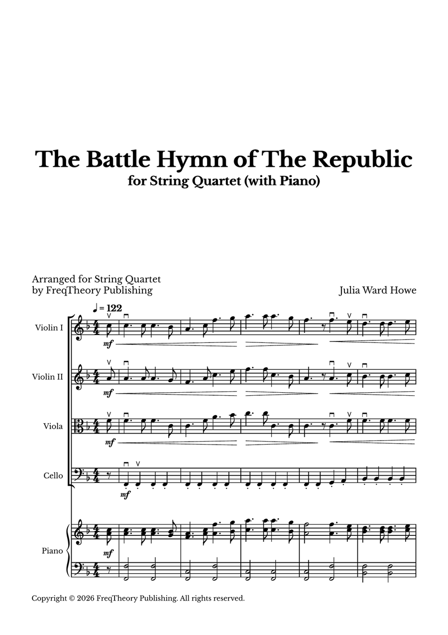 The Battle Hymn of The Republic - For String Quartet (With Piano accompaniment) in F major by Julia Ward Howe String Quartet - Digital Sheet Music page 2