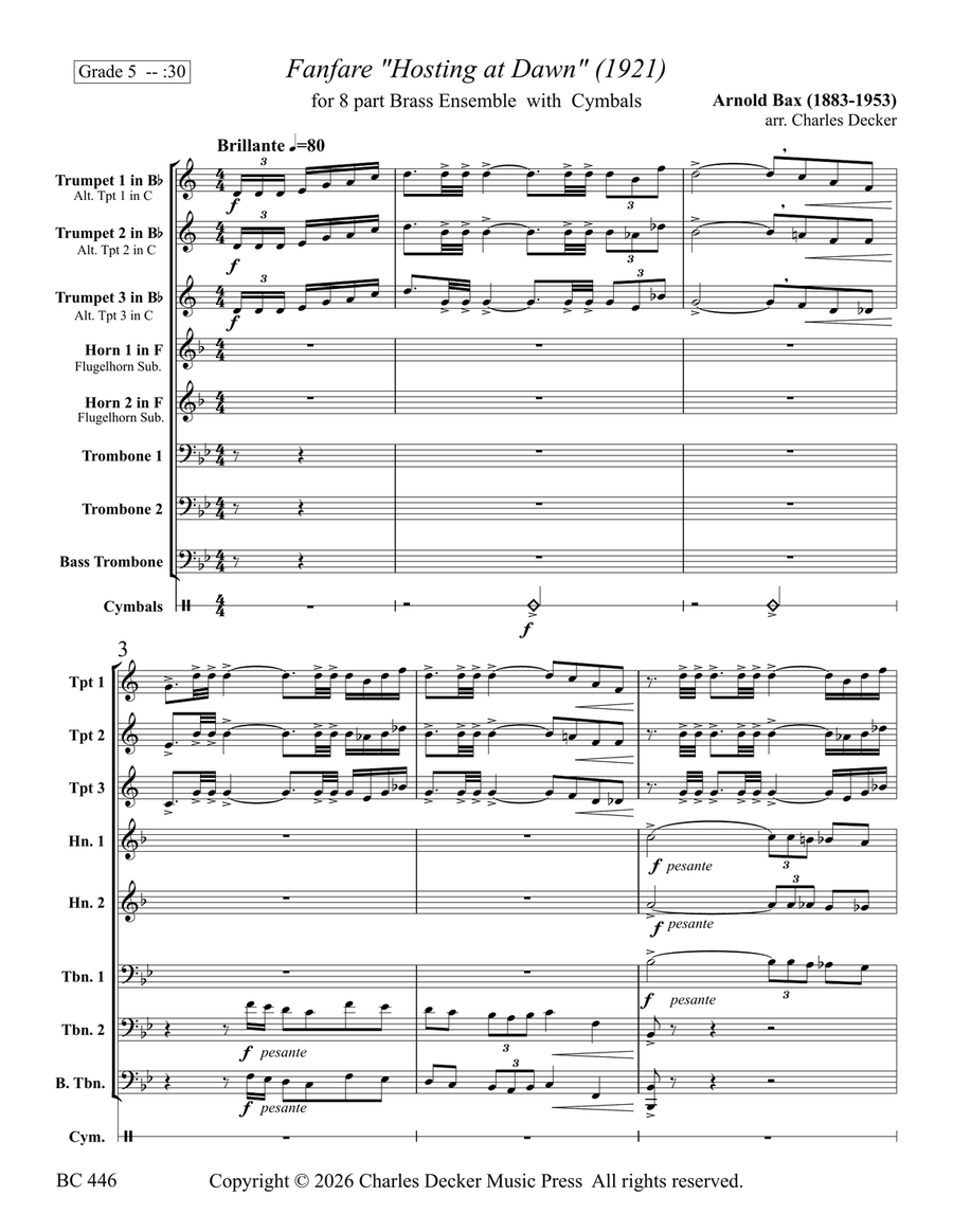 Fanfare Hosting at Dawn for Brass Choir by Arnold Bax Brass Ensemble - Digital Sheet Music page 2