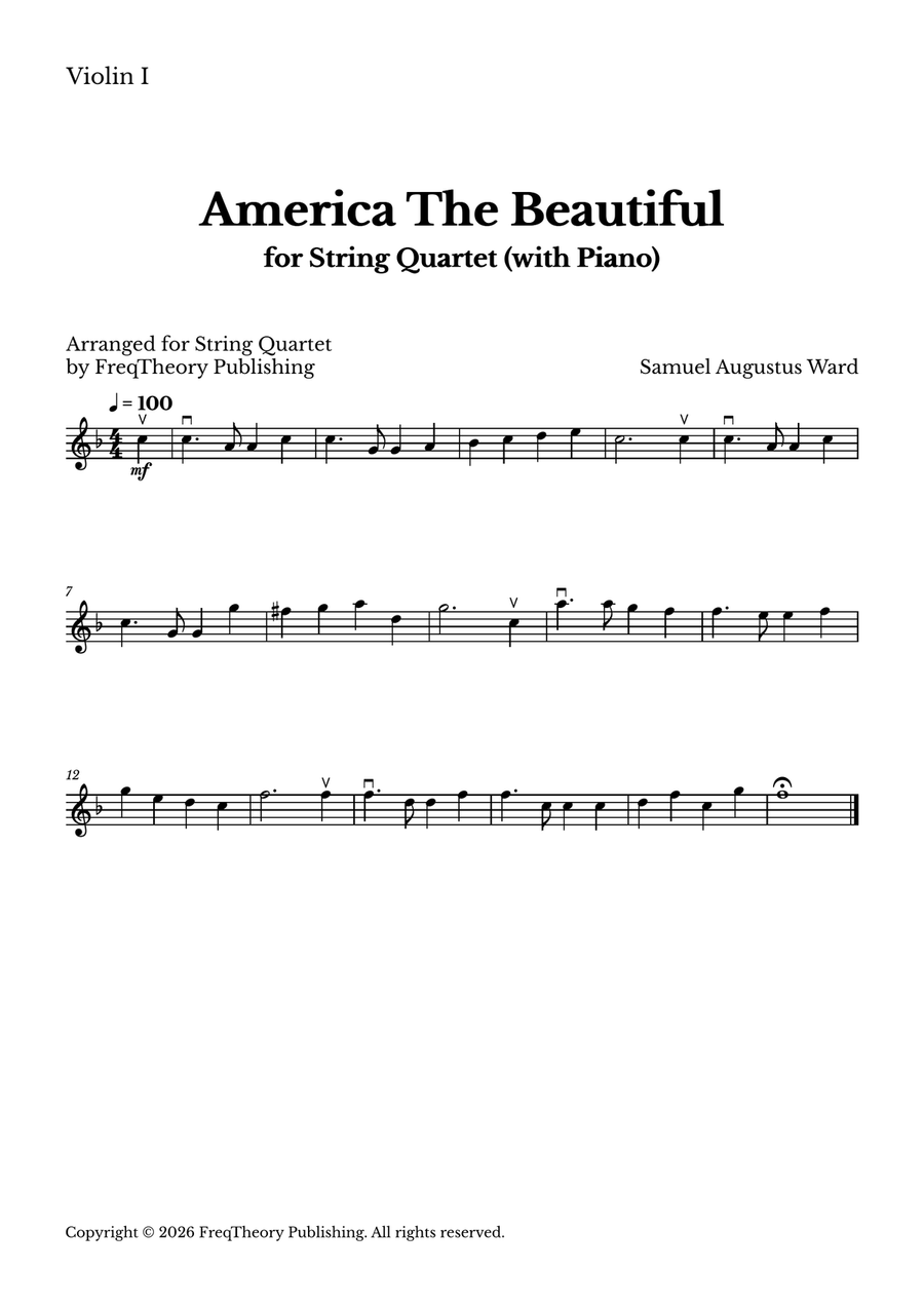 America The Beautiful - For String Quartet (With Piano accompaniment) in F major by Samuel Ward String Quartet - Digital Sheet Music page 3