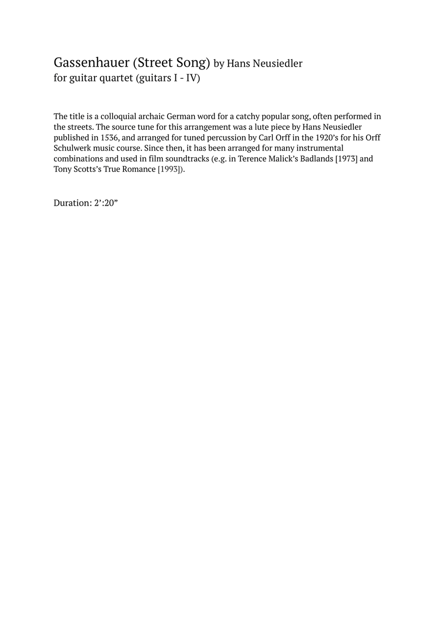 Gassenhauer (Street Song) by Hans Neusiedler arr. for guitar quartet. Guitar Ensemble - Digital Sheet Music page 2