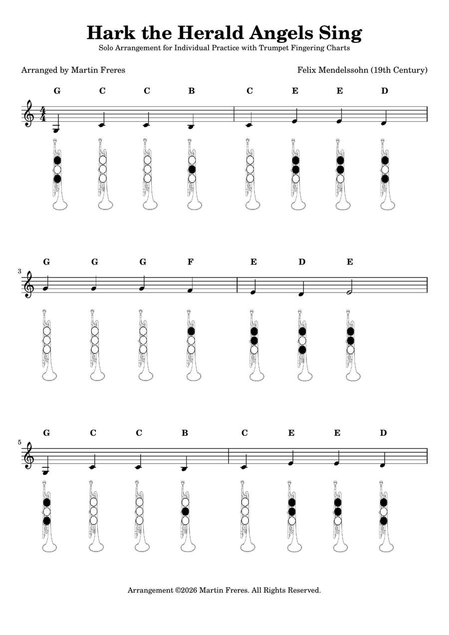 Hark the Herald Angels Sing + Beginner Trumpet Fingering Chart (F#3 - C6) B-Flat Trumpet - Digital Sheet Music page 2