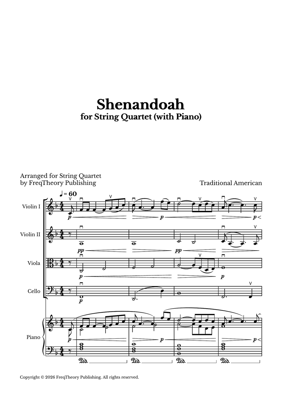 Shenandoah - For String Quartet (With Piano accompaniment) in F major String Quartet - Digital Sheet Music page 2