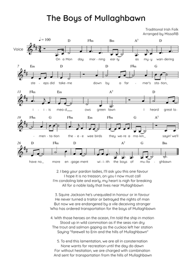 The Boys of Mullaghbawn - Voice Lead Sheet in D Easy with Chords and Lyrics