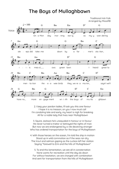 The Boys of Mullaghbawn - Voice Lead Sheet in G Easy with Chords and Lyrics
