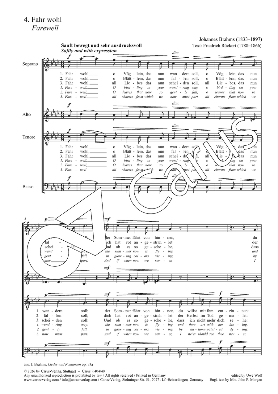 Farewell by Johannes Brahms 4-Part - Sheet Music page 3