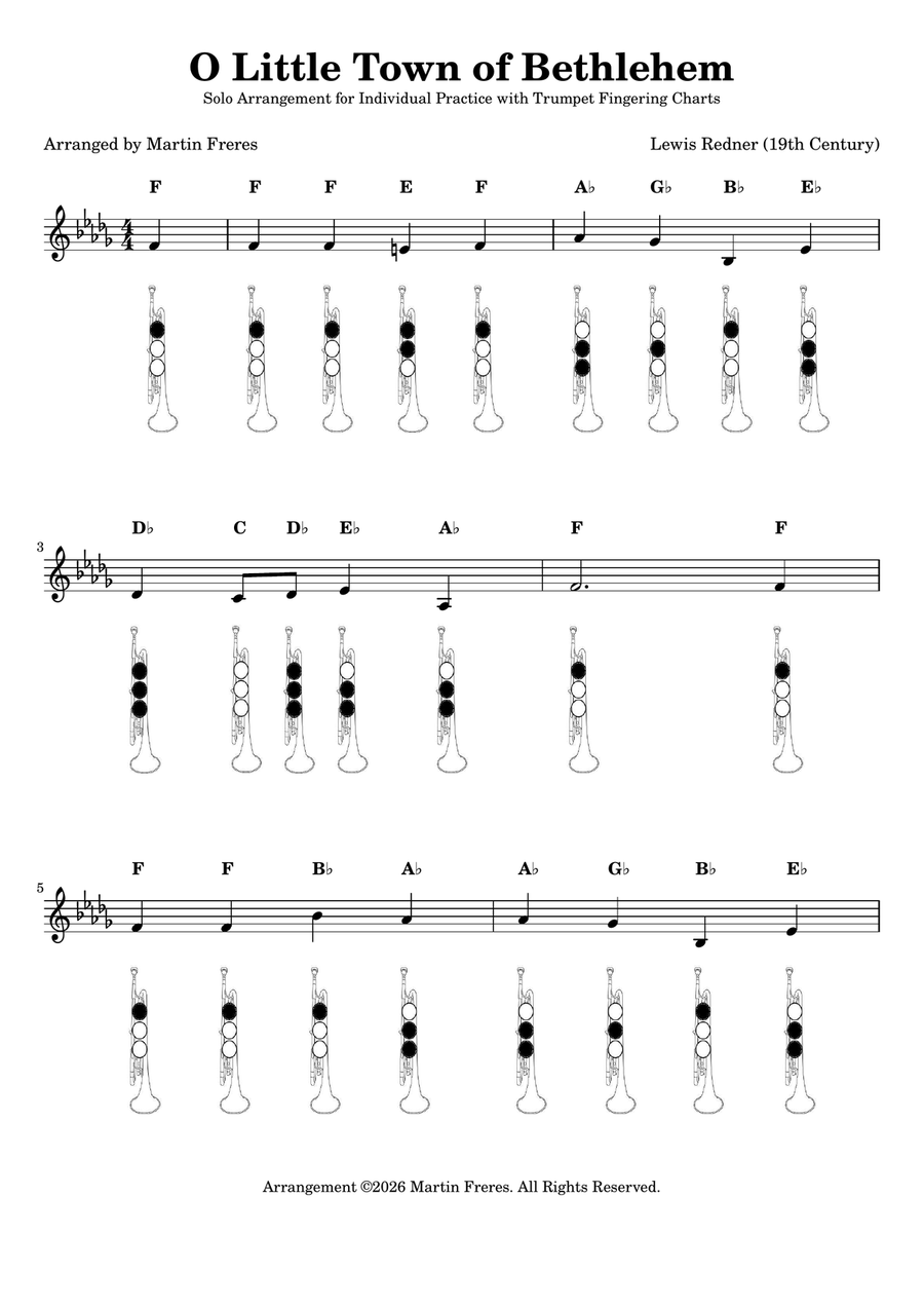 O Little Town of Bethlehem + Beginner Trumpet Fingering Chart (F#3 - C6) B-Flat Trumpet - Digital Sheet Music page 2