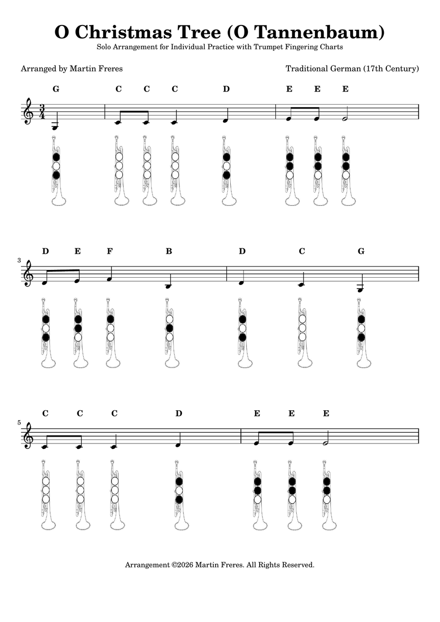 O Christmas Tree (O Tannenbaum) + Beginner Trumpet Fingering Chart (F#3 - C6) B-Flat Trumpet - Digital Sheet Music page 2