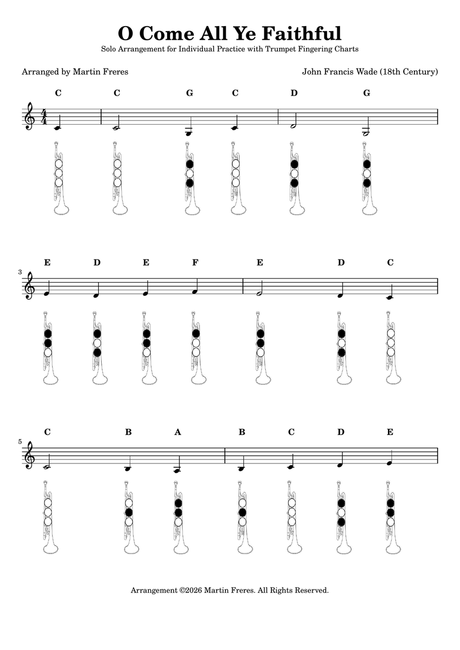 O Come All Ye Faithful + Beginner Trumpet Fingering Chart (F#3 - C6) B-Flat Trumpet - Digital Sheet Music page 2