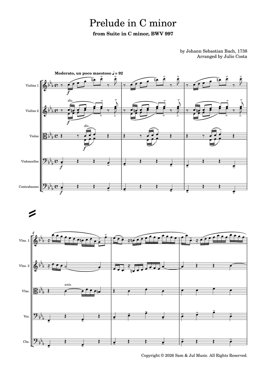 Bach - Prelude in C minor from Suite in C minor, BWV 997 for String Ensemble by Johann Sebastian Bach String Orchestra - Digital Sheet Music page 2