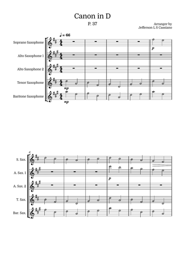 Canon in D: Saxophone Quintet (Soprano, Alto 1, Alto 2, Tenor, and Baritone)