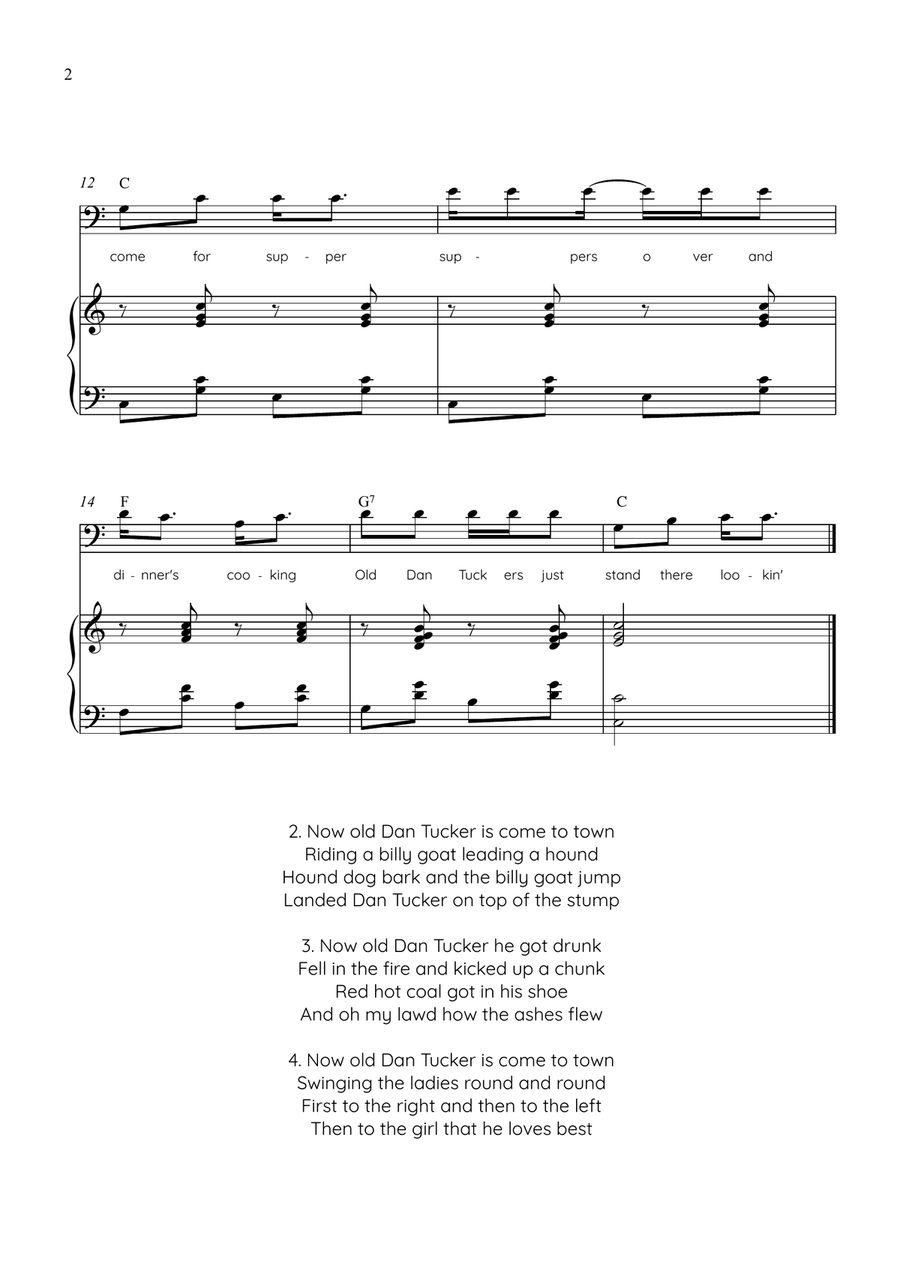 Old Dan Tucker - Cello with Piano in C Easy with Chords and Lyrics Piano - Digital Sheet Music page 2