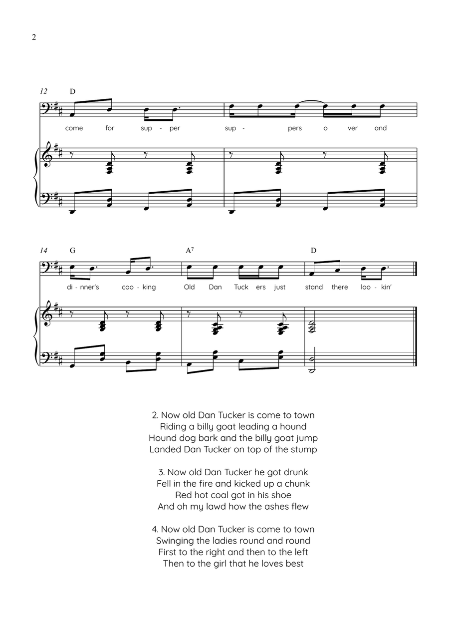 Old Dan Tucker - Cello with Piano in D Easy with Chords and Lyrics Piano - Digital Sheet Music page 2