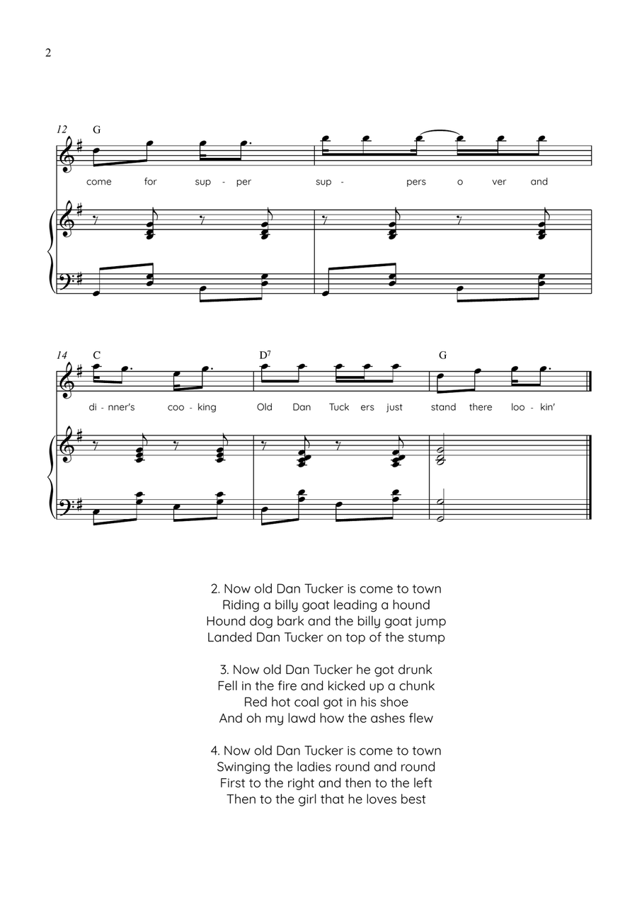 Old Dan Tucker - Flute with Piano in G Easy with Chords and Lyrics Flute Solo - Digital Sheet Music page 2