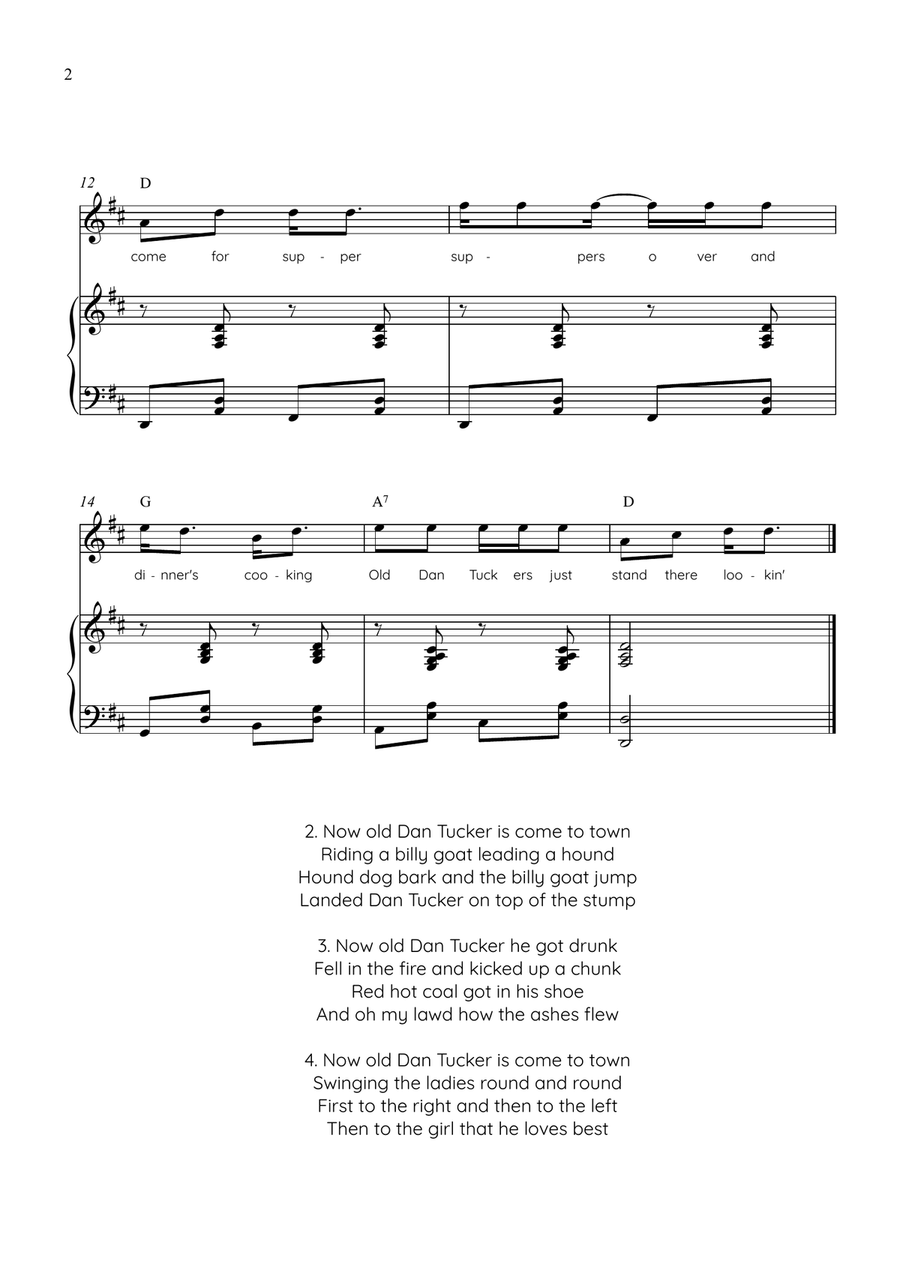 Old Dan Tucker - Violin with Piano in D Easy with Chords and Lyrics Violin Solo - Digital Sheet Music page 2