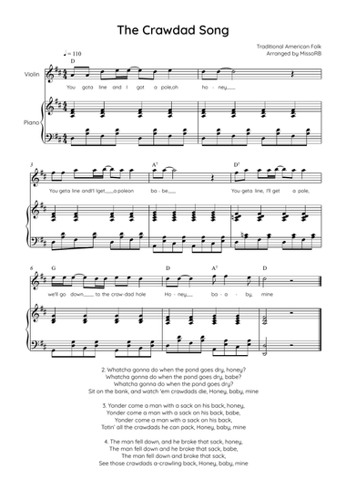 Darling Nelly Gray - Violin with Piano in D Easy with Chords and Lyrics