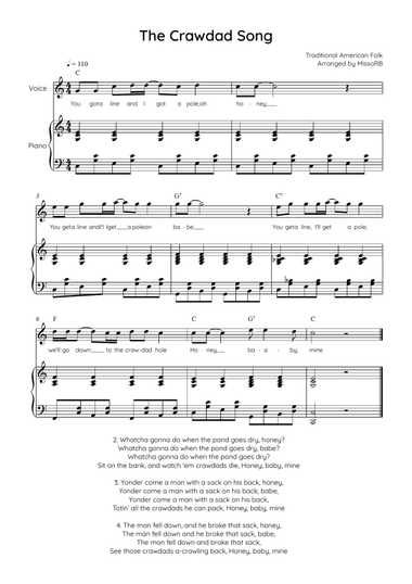 The Crawdad Song - Voice with Piano in C Easy with Chords and Lyrics
