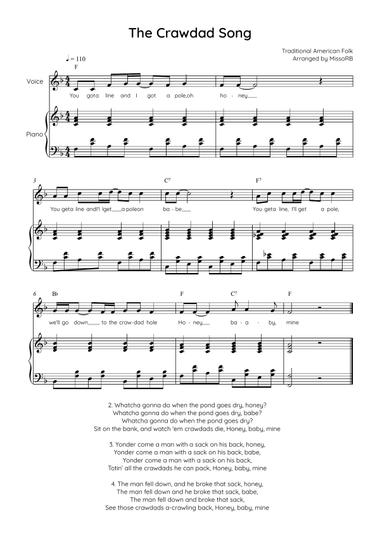 The Crawdad Song - Voice with Piano in F Easy with Chords and Lyrics