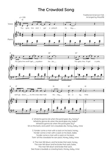 The Crawdad Song - Voice with Piano in G Easy with Chords and Lyrics