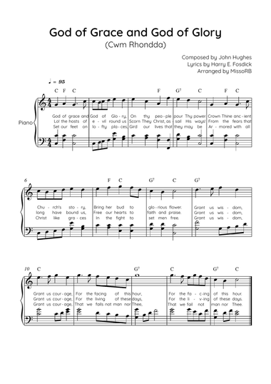 God of Grace and Gov of Glory (Cwm Rhondda) - Piano in C Easy with Chords and Lyrics