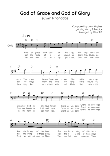 God of Grace and Gov of Glory (Cwm Rhondda) - Cello in G Easy with Chords and Lyrics