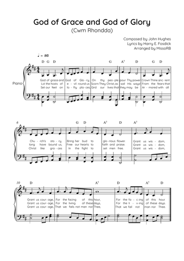 God of Grace and Gov of Glory (Cwm Rhondda) - Piano in D Easy with Chords and Lyrics