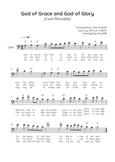God of Grace and Gov of Glory (Cwm Rhondda) - Cello in C Easy with Chords and Lyrics