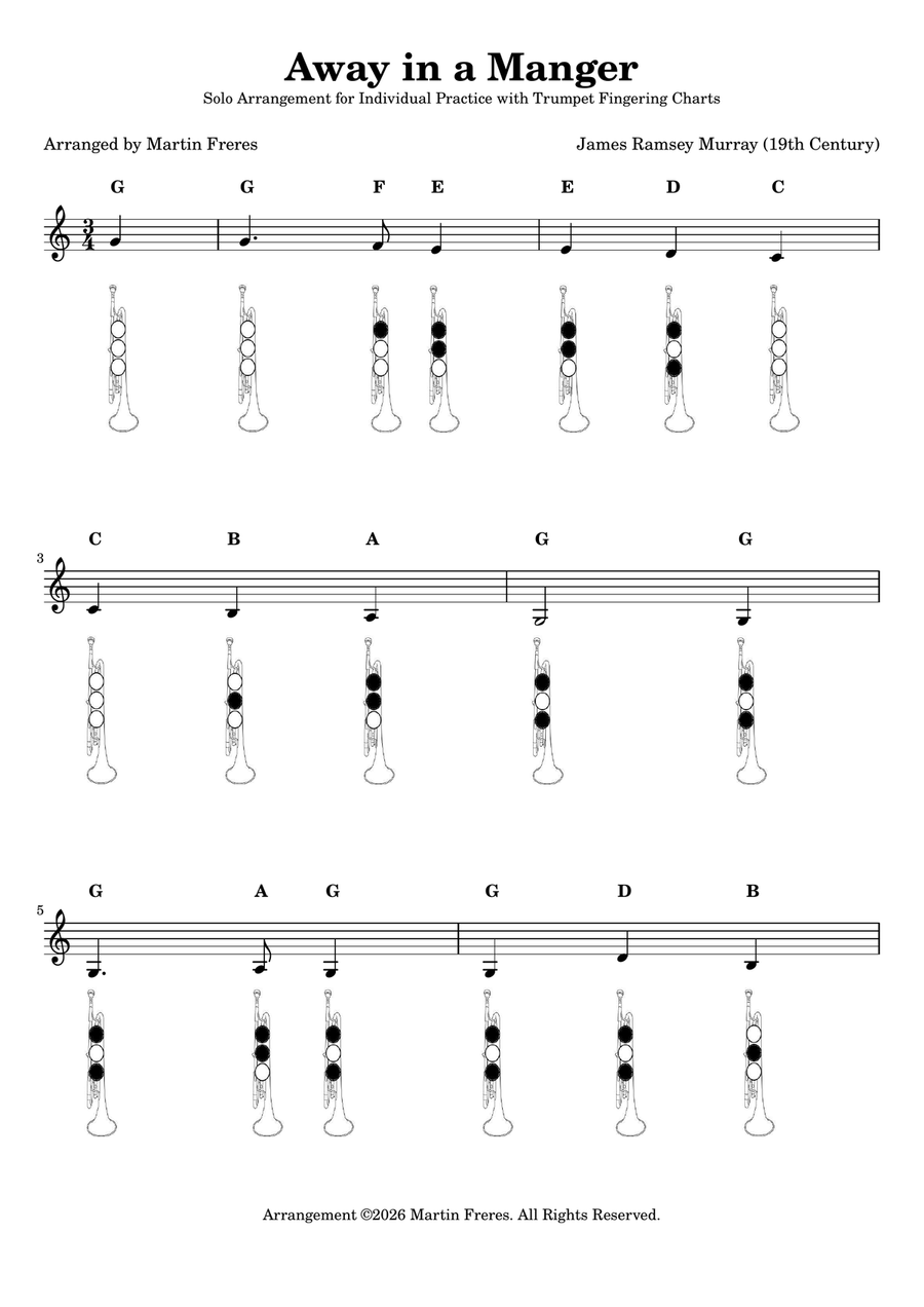 Away in a Manger + Beginner Trumpet Fingering Chart (F#3 - C6) B-Flat Trumpet - Digital Sheet Music page 2