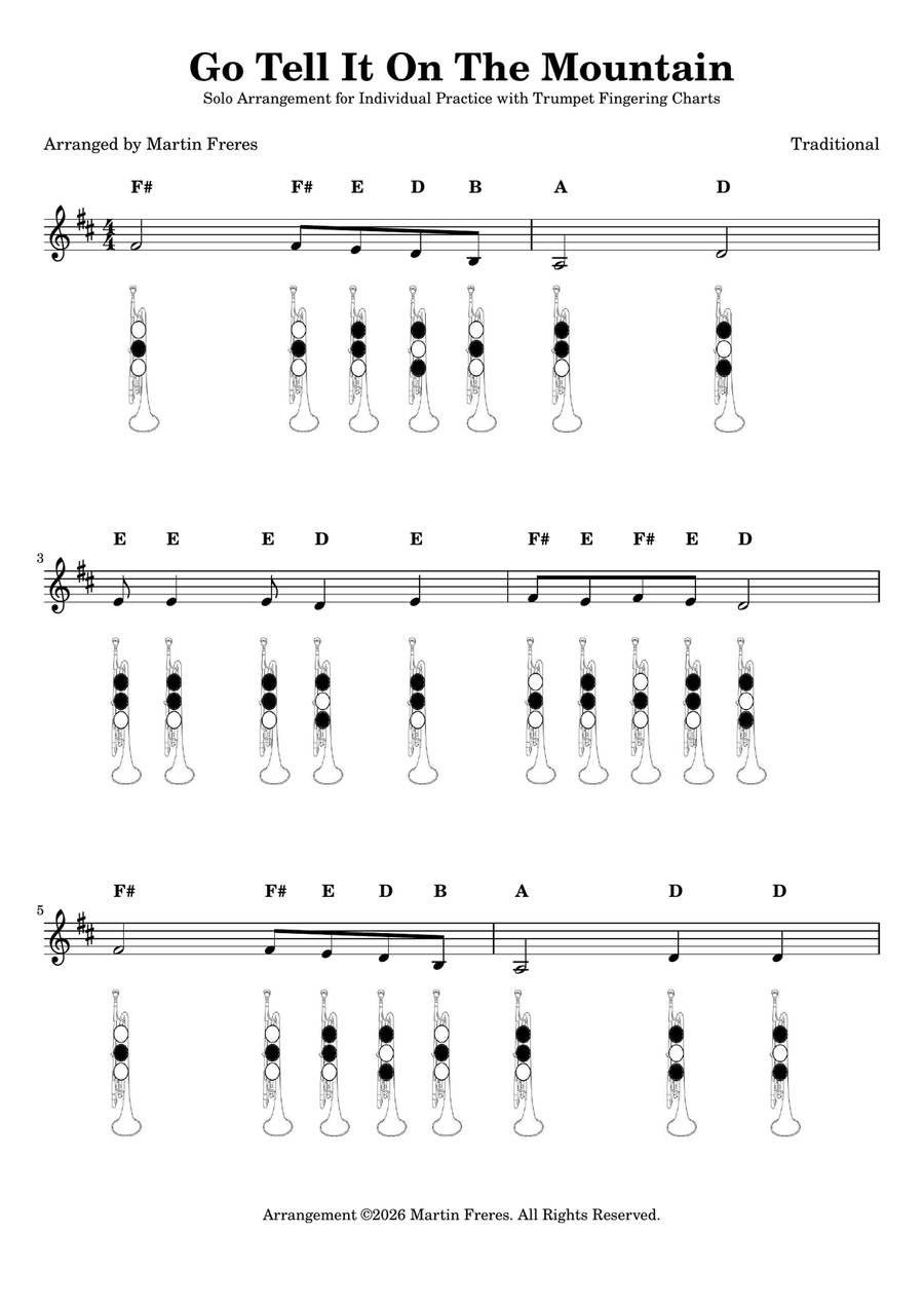 Go Tell It On The Mountain + Beginner Trumpet Fingering Chart (F#3 - C6) by Traditional B-Flat Trumpet - Digital Sheet Music page 2