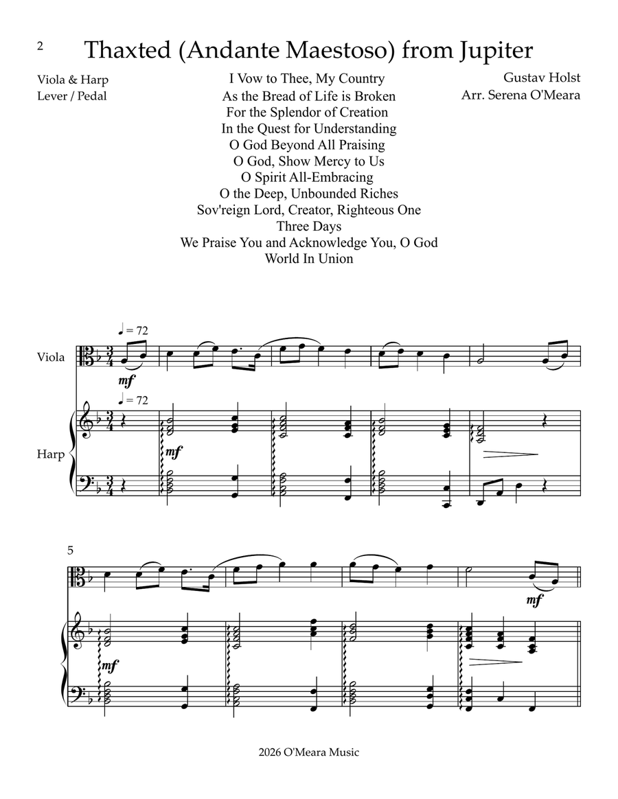 Thaxted (I Vow to Thee), Duet for Viola & Harp by Gustav Holst String Duet - Digital Sheet Music page 2