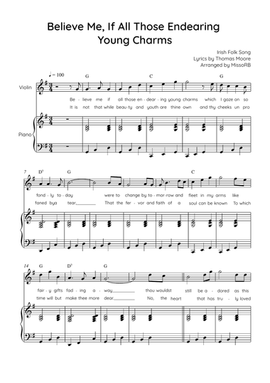 Believe Me, If All Those Endearing Young Charms - Violin with Piano in G Easy with Chords & Lyrics