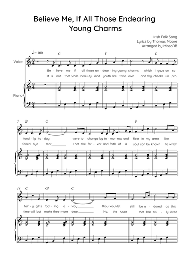Believe Me, If All Those Endearing Young Charms - Voice with Piano in C Easy with Chords and Lyrics