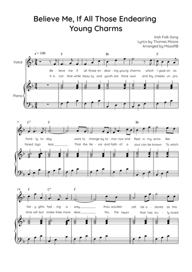 Believe Me, If All Those Endearing Young Charms - Voice with Piano in F Easy with Chords and Lyrics