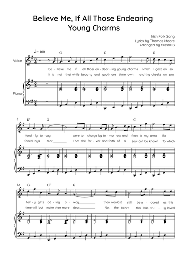 Believe Me, If All Those Endearing Young Charms - Voice with Piano in G Easy with Chords and Lyrics