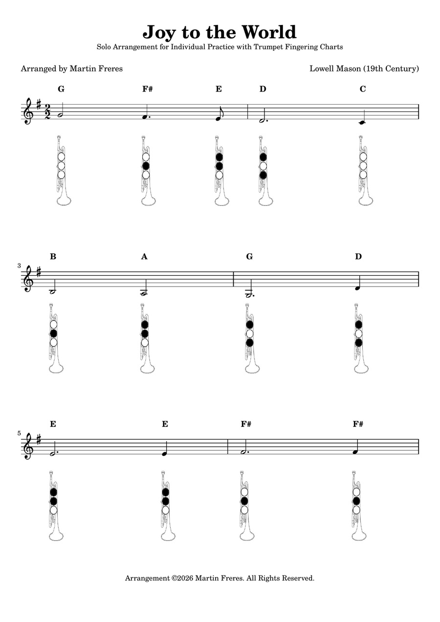 Joy to the World + Beginner Trumpet Fingering Chart (F#3 - C6) B-Flat Trumpet - Digital Sheet Music page 2