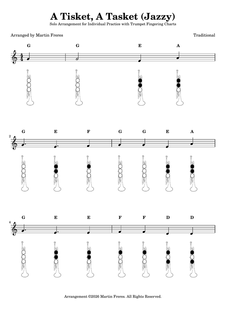 A Tisket, A Tasket (Jazzy) + Beginner Trumpet Fingering Chart (F#3 - C6) by Traditional B-Flat Trumpet - Digital Sheet Music page 2