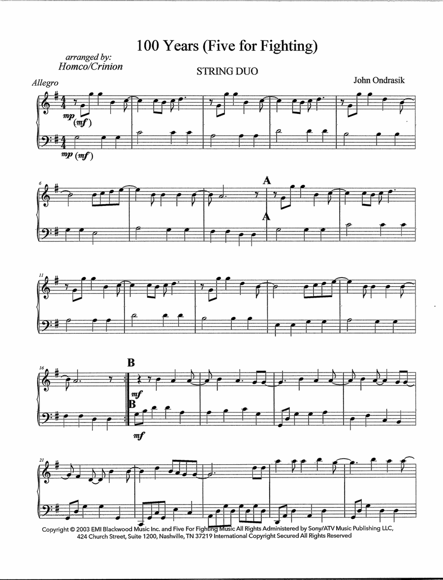 100 Years by Five for Fighting String Duet - Digital Sheet Music page 3