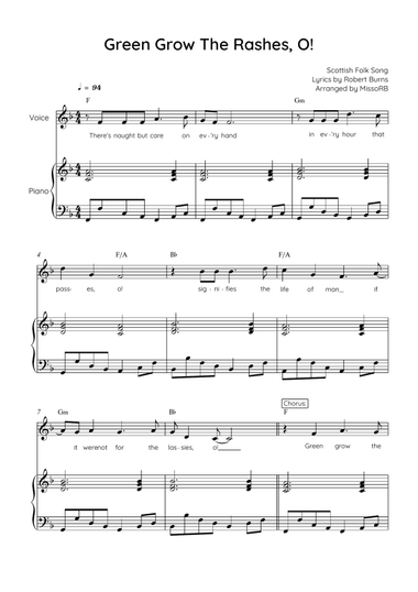 Green Grow The Rashes, O! - Voice with Piano in F Easy with Chords and Lyrics