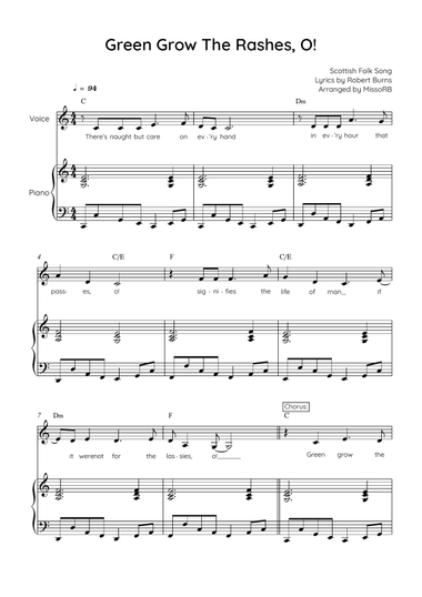 Green Grow The Rashes, O! - Voice with Piano in C Easy with Chords and Lyrics