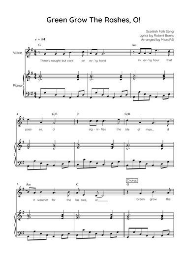 Green Grow The Rashes, O! - Voice with Piano in G Easy with Chords and Lyrics