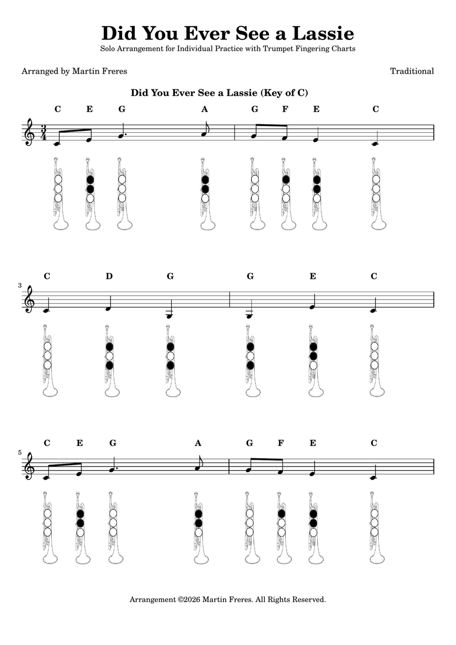 Did You Ever See a Lassie + Beginner Trumpet Fingering Chart (F#3 - C6) by Traditional B-Flat Trumpet - Digital Sheet Music page 2
