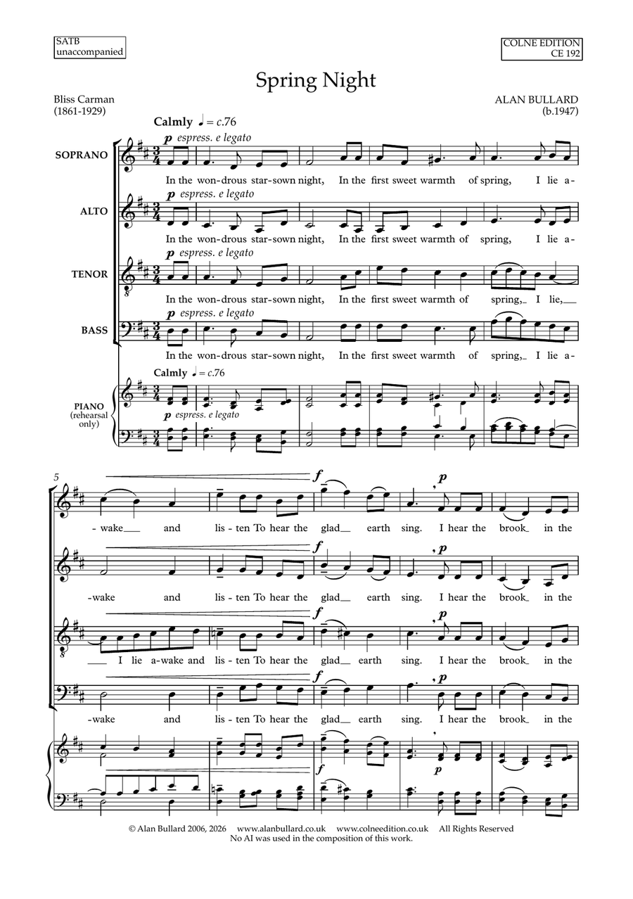 Spring Night - choral song for SATB unaccompanied by Alan Bullard 4-Part - Digital Sheet Music page 2