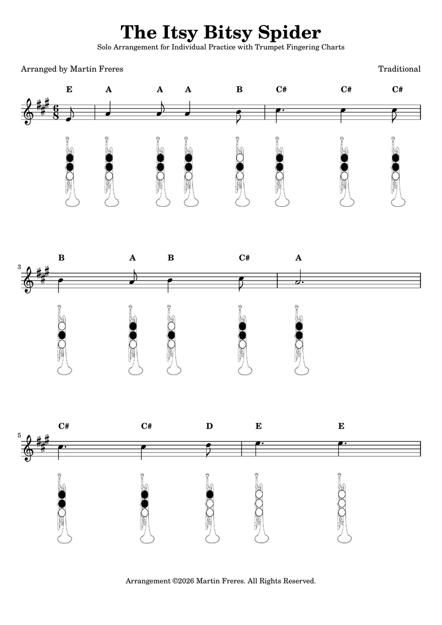 The Itsy Bitsy Spider + Beginner Trumpet Fingering Chart (F#3 - C6) by Traditional B-Flat Trumpet - Digital Sheet Music page 2