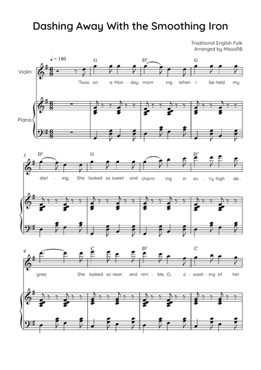 Dashing Away With the Smoothing Iron - Violin with Piano in G Easy with Chords and Lyrics